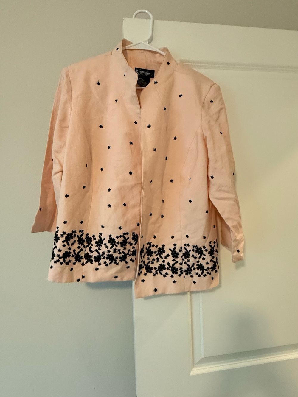 Embroidered Light Pink Cotton-Blend Jacket with Black Detail